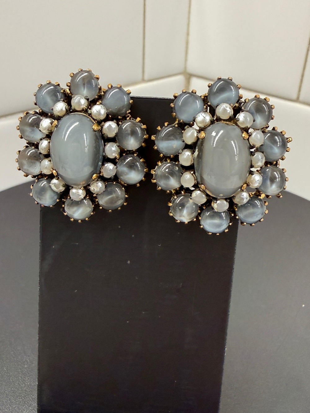 Western Germany Gray Moonglow Glass Cabochon Clip-On Earrings